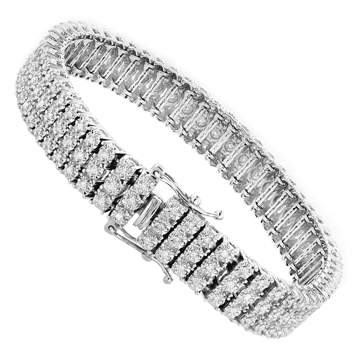 Solid 10K White Gold 3-Row Prong Diamond Bracelet For Men 1.85ct 7 Solid 10K White Gold 3-Row Prong Diamond Bracelet For Men 1.85ct - Image 5