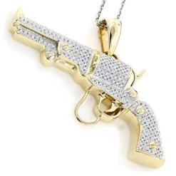 10K Yellow Gold Diamond Revolver Pistol Pendant For Men 1/2ct