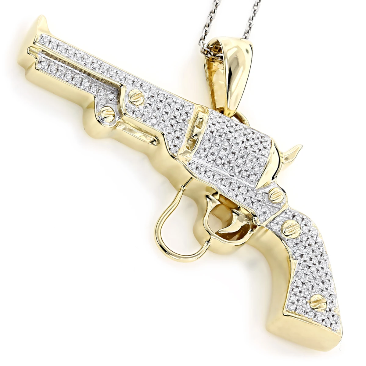 10K Yellow Gold Diamond Revolver Pistol Pendant For Men 1/2ct 3 10K Yellow Gold Diamond Revolver Pistol Pendant For Men 1/2ct