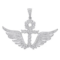 10K White Gold Men's Diamond Ankh Pendant Cross With Wings 3.33ct By Luxurman