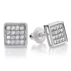 10K White Gold Square Pave Diamond Stud Earrings 0.19ct