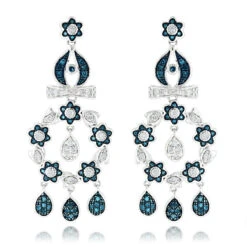 14K White Gold Blue Diamond Flower Chandelier Earrings 1.61ct