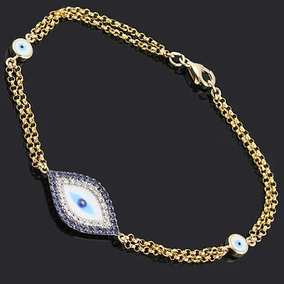 14K Rose Gold Blue Sapphire And Diamond Evil Eye Bracelet .13ct 4 14K Rose Gold Blue Sapphire And Diamond Evil Eye Bracelet .13ct - Image 2