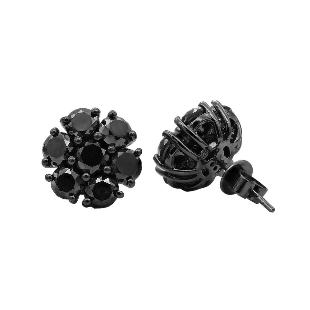 14K Black Plated Gold Cluster Black Diamond Stud Earrings 4.32ct 3 14K Black Plated Gold Cluster Black Diamond Stud Earrings 4.32ct