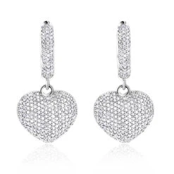 14K White Gold Dangle Diamond Heart Earrings 1 Ct