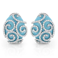 14K White Gold Designer Diamond And Turquoise Earrings 1.10ct