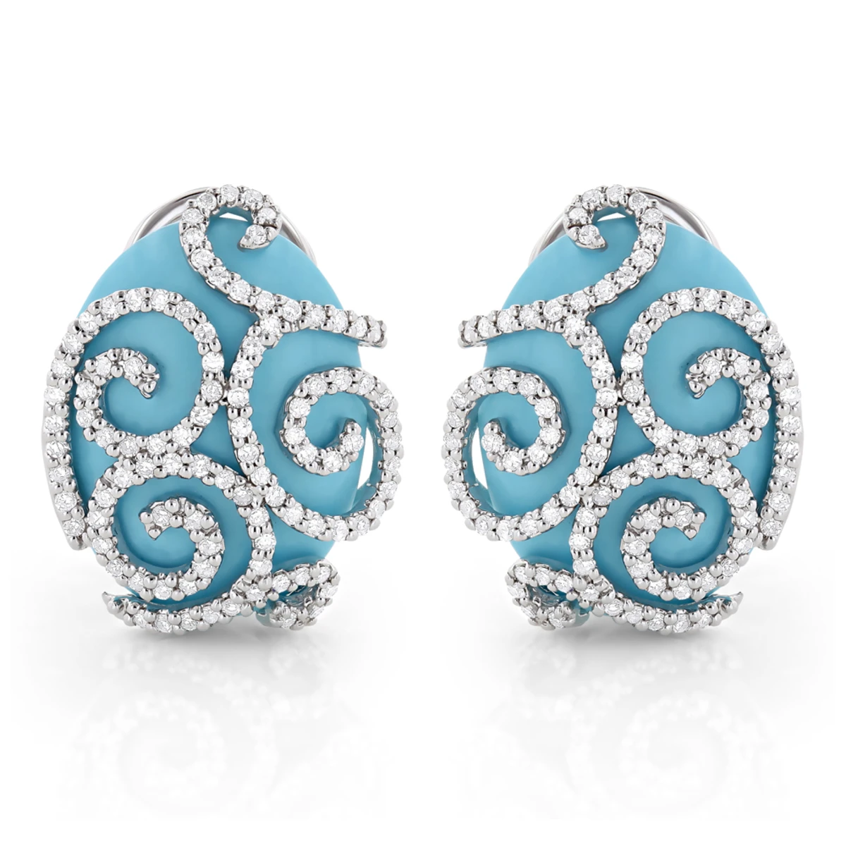 14K White Gold Designer Diamond And Turquoise Earrings 1.10ct 3 14K White Gold Designer Diamond And Turquoise Earrings 1.10ct