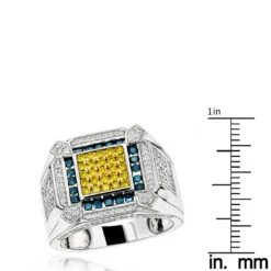14K White Gold Diamond Men's Ring Blue Yellow White 1.5ct -Its Hot Jewelry Shop 14k diamond mens ring blue yellow white 154ct p 22464 rulerwh