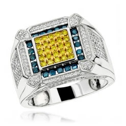 14K White Gold Diamond Men's Ring Blue Yellow White 1.5ct