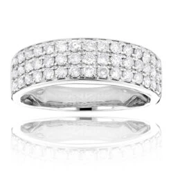 14K White Gold 3 Row Diamond Ring 1.35ct Luxurman Wedding Band