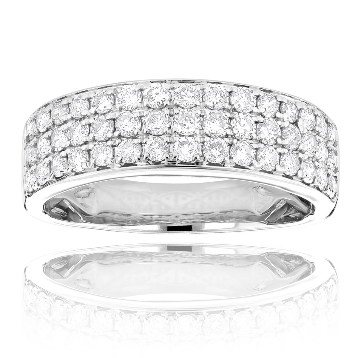 14K White Gold 3 Row Diamond Ring 1.35ct Luxurman Wedding Band 3 14K White Gold 3 Row Diamond Ring 1.35ct Luxurman Wedding Band