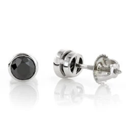 14K White Gold Black Diamond Earrings Bezel Set Studs 1.25ct