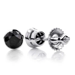 14K White Gold Black Diamond Stud Earrings Bezel Set 0.75ct
