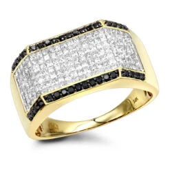 14K Yellow Gold Black White Round Princess Diamond Ring For Men 2.2ct By Luxurman