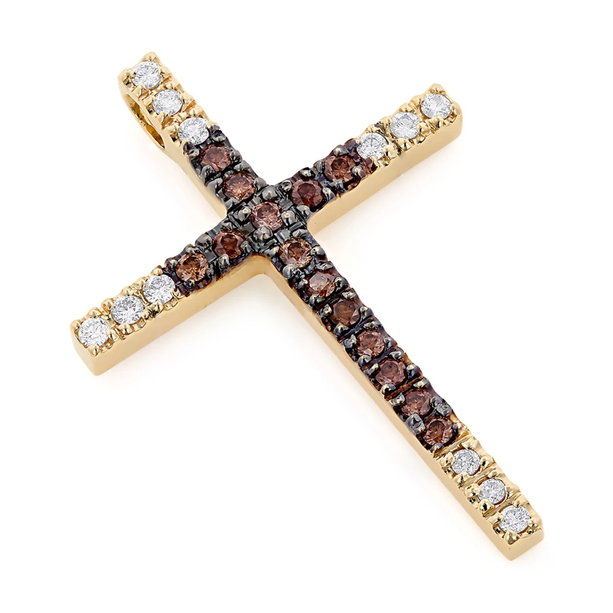 14K Yellow Gold White And Brown Diamond Cross Pendant 0.86ct 3 14K Yellow Gold White And Brown Diamond Cross Pendant 0.86ct