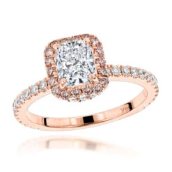 14K Rose Gold Cushion Cut White Pink Diamond Halo Engagement Ring 2.1ct