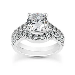 14K White Gold Designer Prong Set Diamond Engagement Ring Set 0.98ct