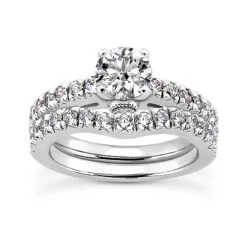 14K White Gold Round Diamond Engagement Ring Set 0.98ct
