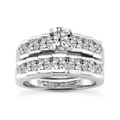 14K White Gold Designer Prong Set Diamond Engagement Ring Set 3.20ct