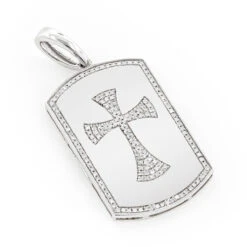14K White Gold Diamond Dog Tag Pendant With Celtic Cross 0.33ct