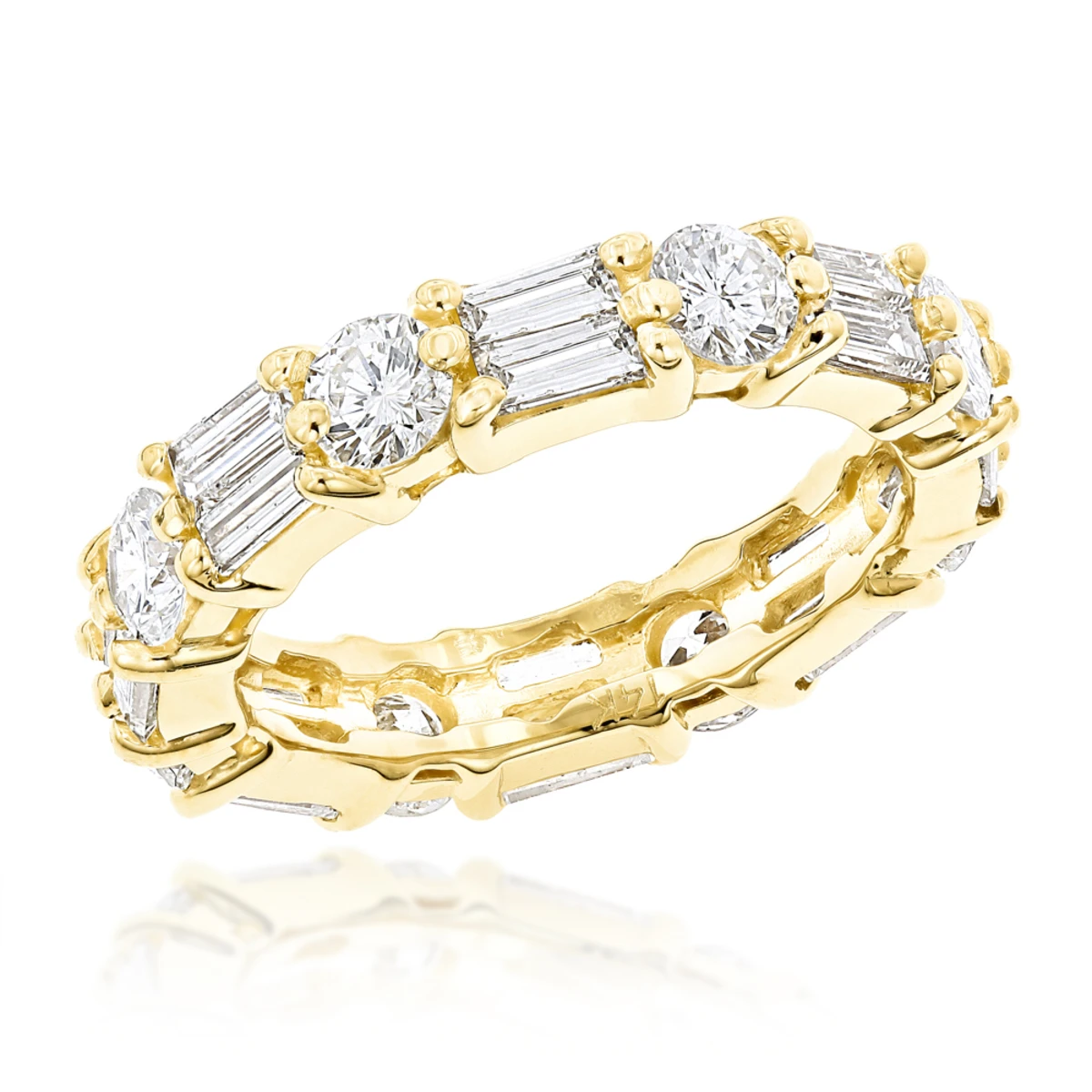 14K Yellow Gold Round & Baguette Diamond Eternity Band 4mm Wide 2.96ct 3 14K Yellow Gold Round & Baguette Diamond Eternity Band 4mm Wide 2.96ct