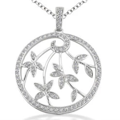 14K White Gold Diamond Leaf Pendant Circle Necklace 0.54ct