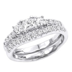 14K White Gold Diamond Three Stone Engagement Ring Set 1.27ct