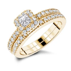 14K White Gold Halo Diamond Unique Engagement Ring And Band Set 1 Carat -Its Hot Jewelry Shop 14k gold diamond unique engagement ring set 099ct p 23476 ye