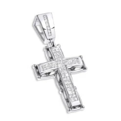 14K White Gold Men's Cross Pendant W Princess Diamonds 1 Ct