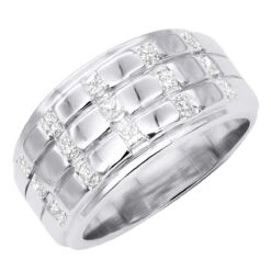Unique 14K White Gold Men's Diamond Wedding Ring Round & Princess Diamonds 0.9ct