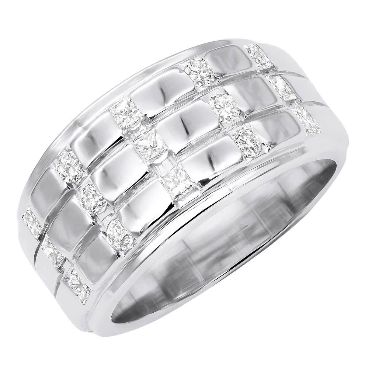Unique 14K White Gold Men's Diamond Wedding Ring Round & Princess Diamonds 0.9ct 3 Unique 14K White Gold Men's Diamond Wedding Ring Round & Princess Diamonds 0.9ct