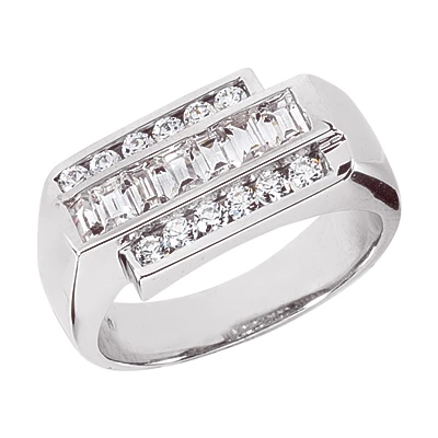 14K White Gold Men's Round & Baguette Diamonds Ring 1.25ct 3 14K White Gold Men's Round & Baguette Diamonds Ring 1.25ct