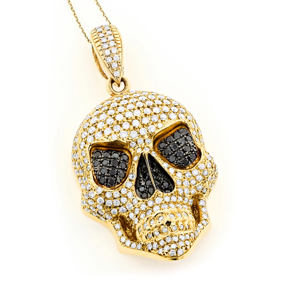 14K Yellow Gold Men's White Black Diamond Skull Pendant 9.17ct 3 14K Yellow Gold Men's White Black Diamond Skull Pendant 9.17ct