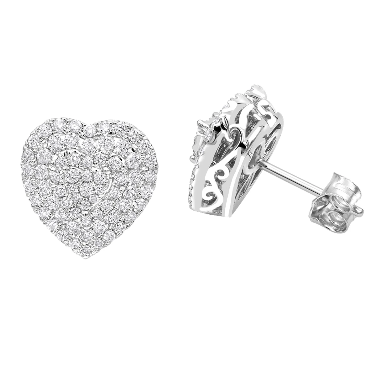 14K White Gold Pave Diamond Heart Earrings For Women 1 Carat Diamond Studs 3 14K White Gold Pave Diamond Heart Earrings For Women 1 Carat Diamond Studs