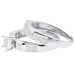 14K White Gold Invisible Set Princess Cut Diamond Engagement Ring Bridal Set 1.19 -Its Hot Jewelry Shop 14k gold princess cut diamond engagement ring set 119 p 6414 back white