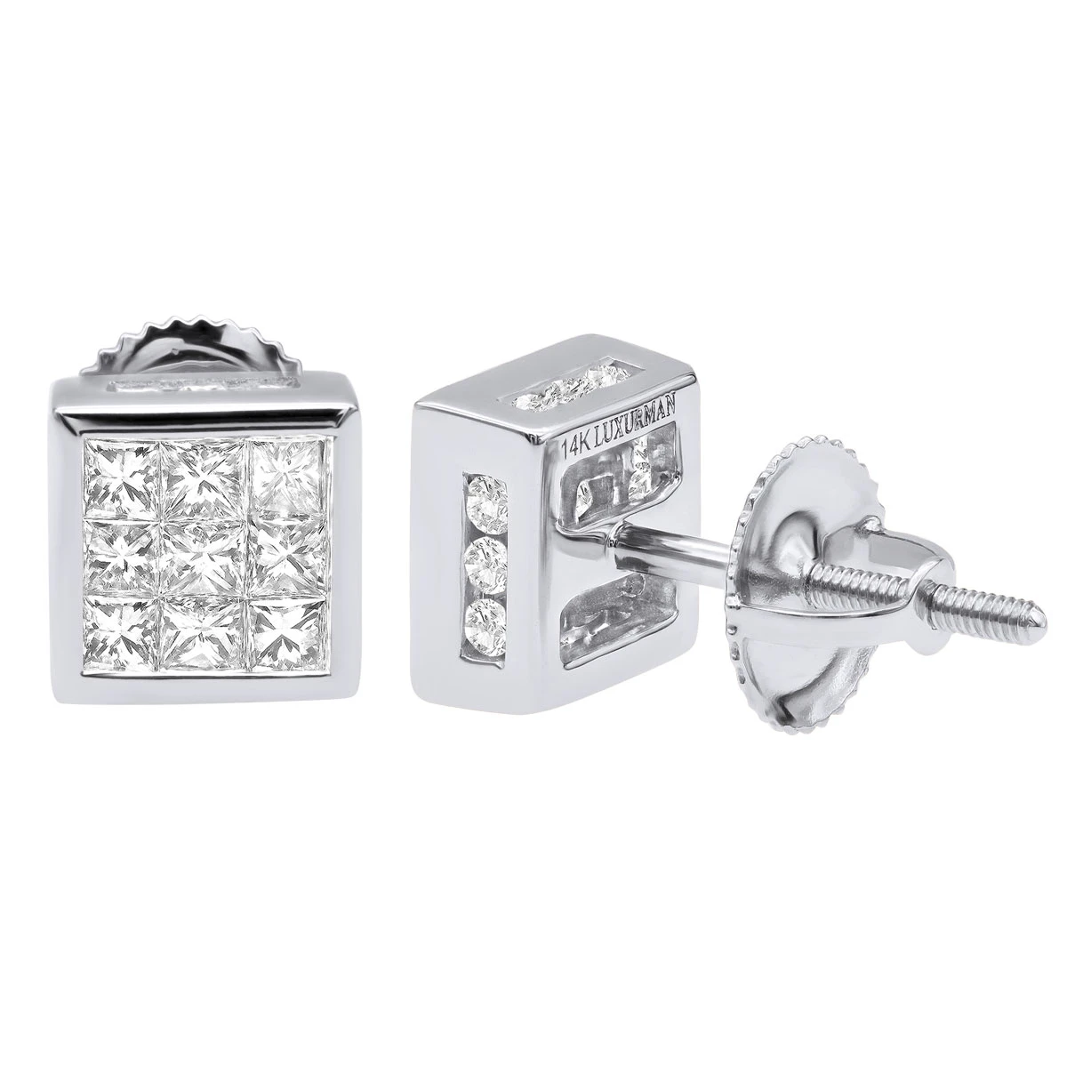 14K White Gold Princess Cut Diamond Stud Earrings For Men & Women 1 Carat 3 14K White Gold Princess Cut Diamond Stud Earrings For Men & Women 1 Carat