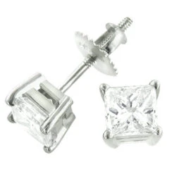 14K White Gold Princess Diamond Solitaire Earrings Studs 0.4ct