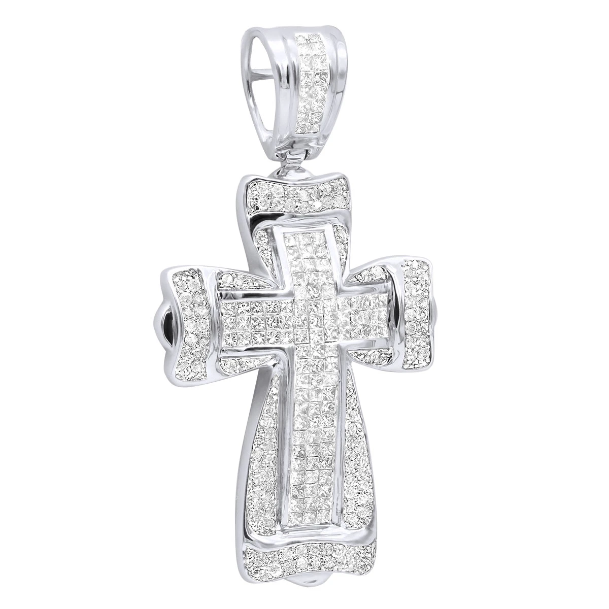 14K White Gold Princess & Round Diamond Cross Pendant 2.28ct 3 14K White Gold Princess & Round Diamond Cross Pendant 2.28ct