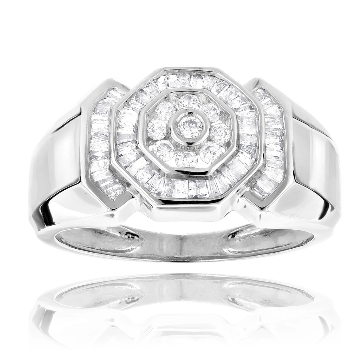 14K White Gold Round And Baguette Diamond Men's Ring 0.6ct 3 14K White Gold Round And Baguette Diamond Men's Ring 0.6ct
