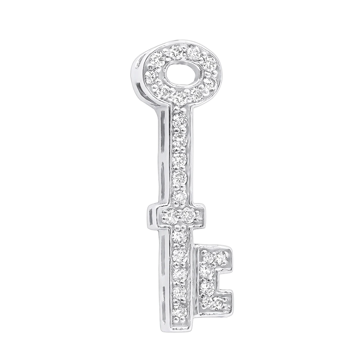 Small 14K White Gold Round Diamond Key Pendant For Women 0.25ct 3 Small 14K White Gold Round Diamond Key Pendant For Women 0.25ct