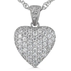 14K White Gold Round Diamond Pave Heart Pendant 3ct