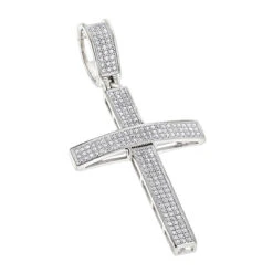 14K White Gold Round Pave Diamond Cross Pendant 0.5ct