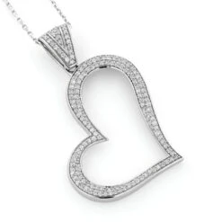 14K White Gold Round Pave Diamond Heart Pendant 0.5ct