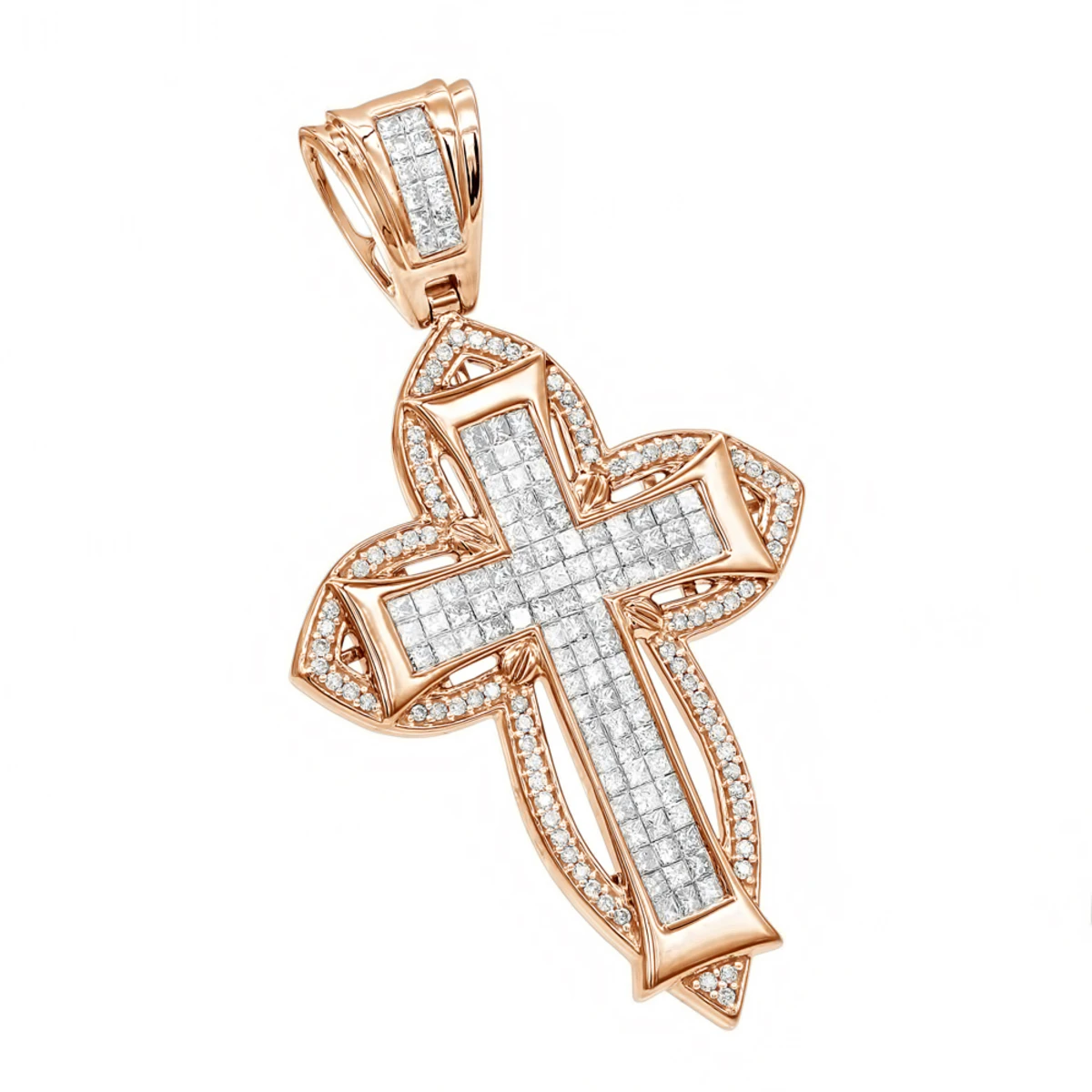 14K Rose Gold Round Princess Diamond Cross Pendant 2.14ct 3 14K Rose Gold Round Princess Diamond Cross Pendant 2.14ct
