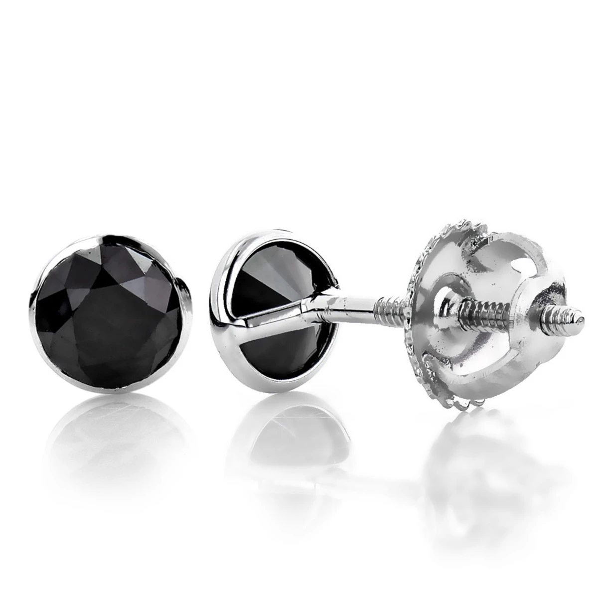 14K White Gold Solitaire Black Round Diamond Bezel Stud Earrings 1.5ct 3 14K White Gold Solitaire Black Round Diamond Bezel Stud Earrings 1.5ct
