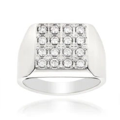 14K White Gold Square Shaped Men's Round Diamond Ring 0.88ct