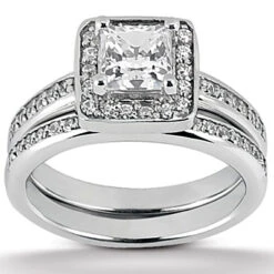14K White Gold Unique Diamond Engagement Ring Set 0.87ct