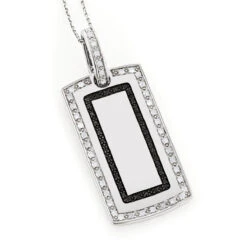 14K White Gold White Black Diamond Dog Tag Pendant 1.34ct