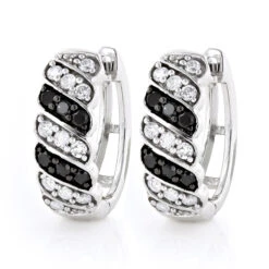 14K White Gold White Black Diamond Hoop Huggie Earrings .65ct