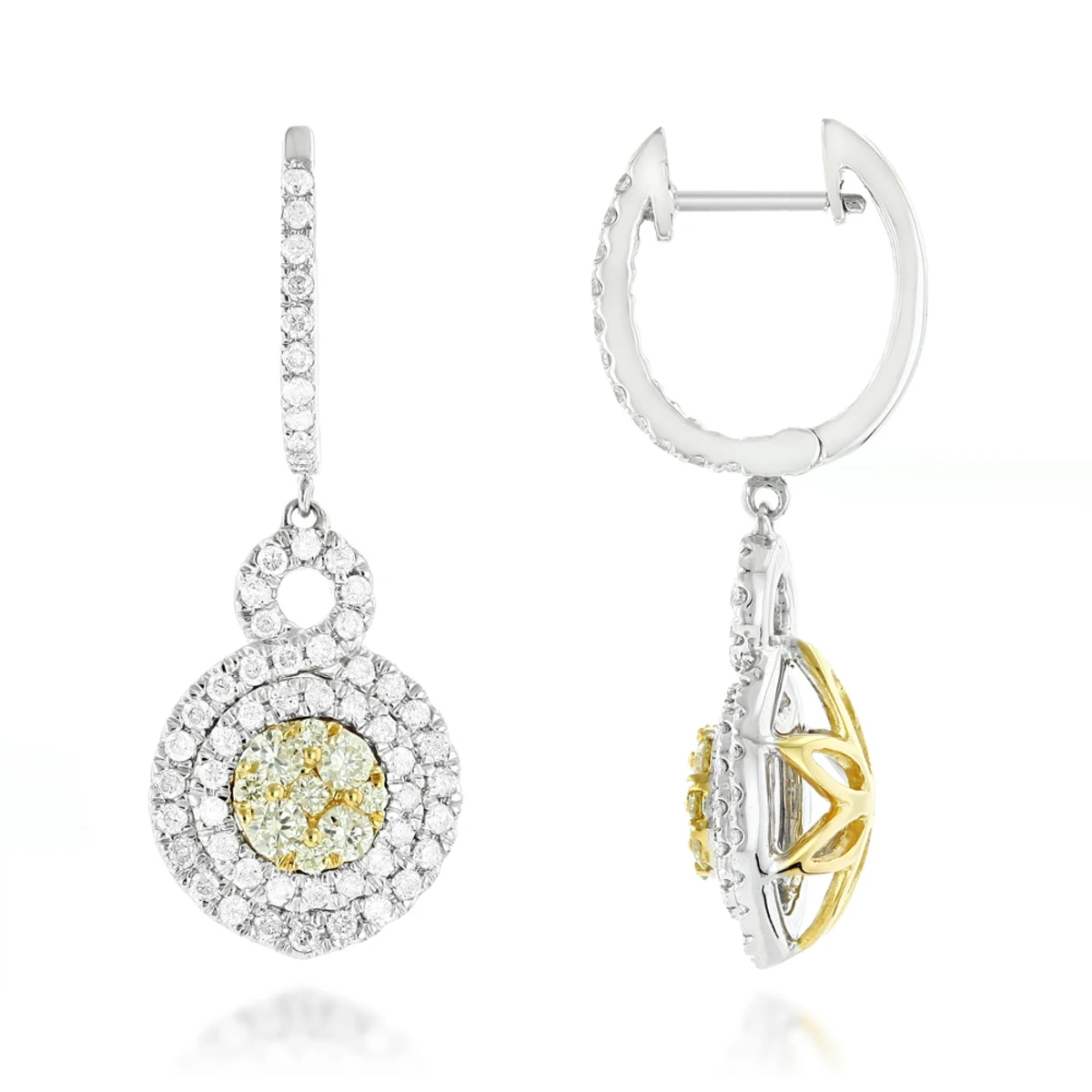 14K White Gold White Yellow Diamond Cluster Fashion Ladies Drop Earrings 1.45ct 3 14K White Gold White Yellow Diamond Cluster Fashion Ladies Drop Earrings 1.45ct